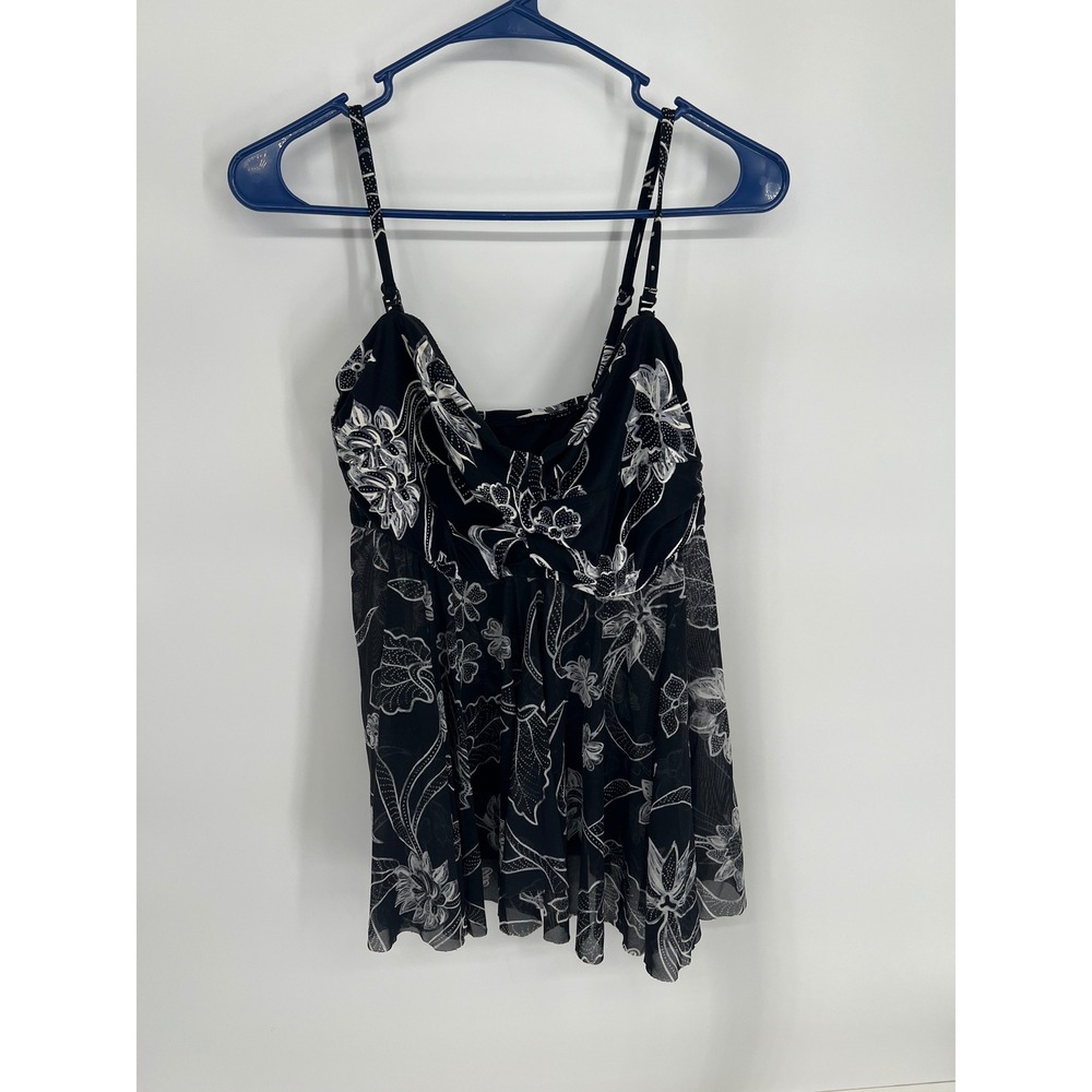 Beach House Womens Black White Floral Mesh Tankini Swim Top Size 12 H33023